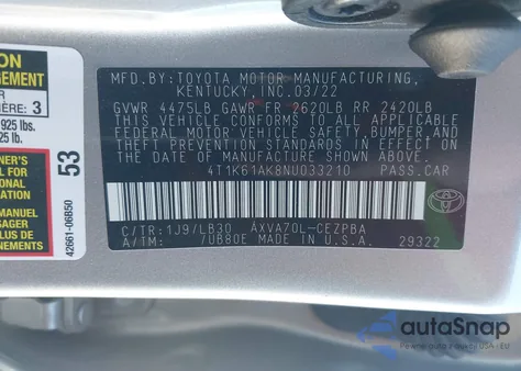 2022 Toyota Camry Xse from USA, damaged, VIN 4T1K61AK8NU033210